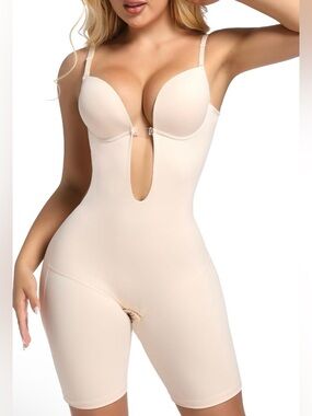 Decorus Backless Plunge Shapewear Bodysuit Beige Full Body Tummy Control S NWT